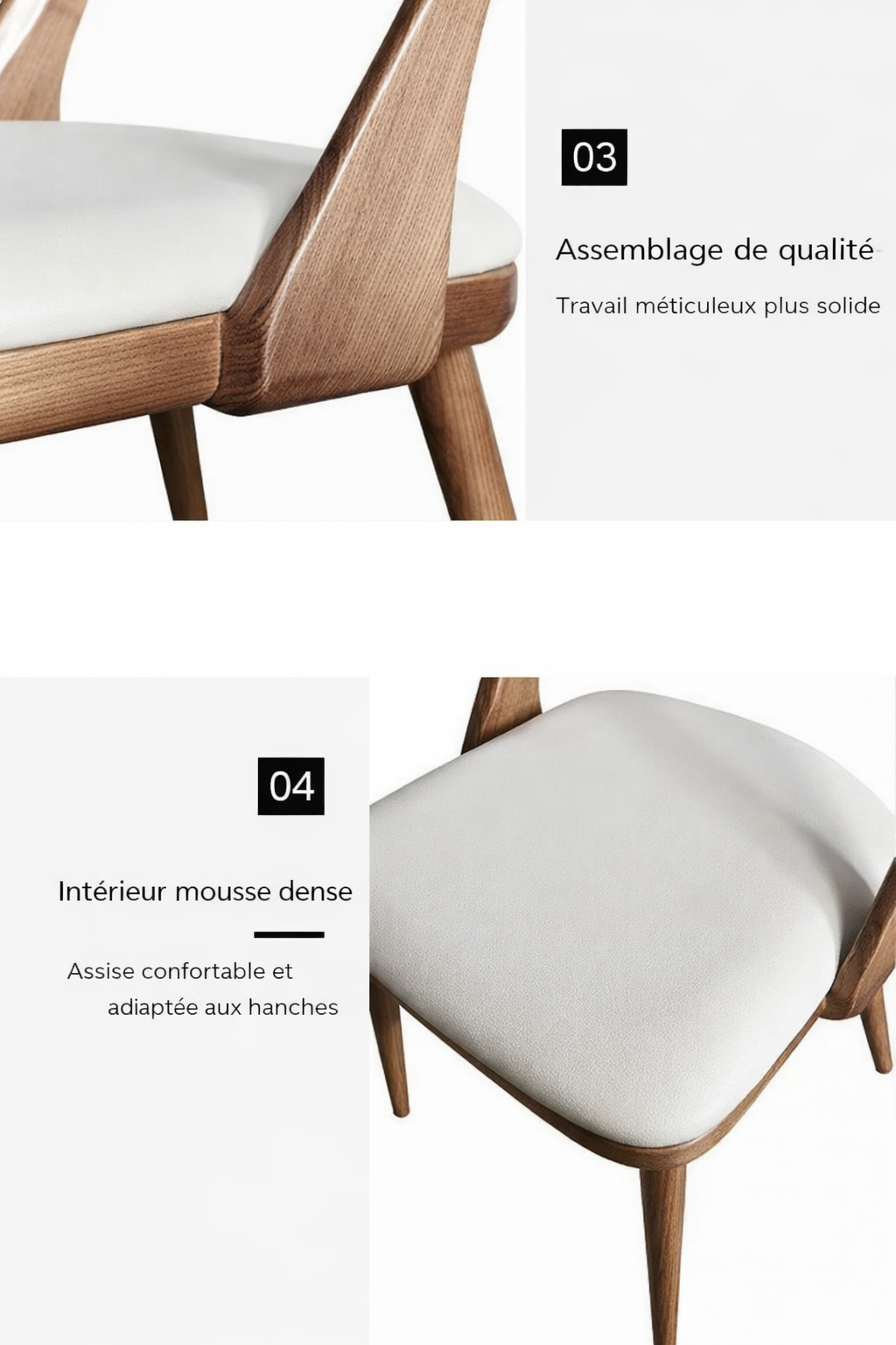 Chaise design scandinave en bois massif & assise crème